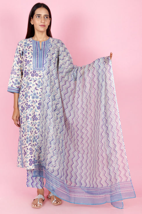 Terry Voile Kurta Pant And Kota Dupatta In Floral Block Print
